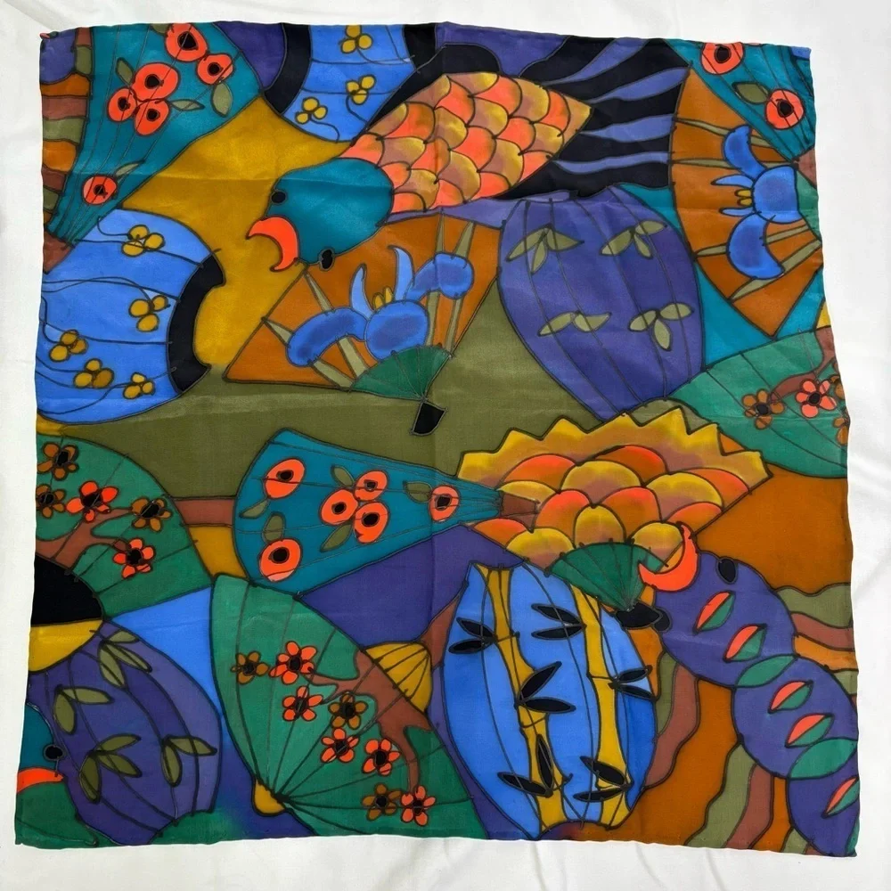 SILKSCAPES vintage silk multicolor silk scarf fish floral bamboo abstract USA